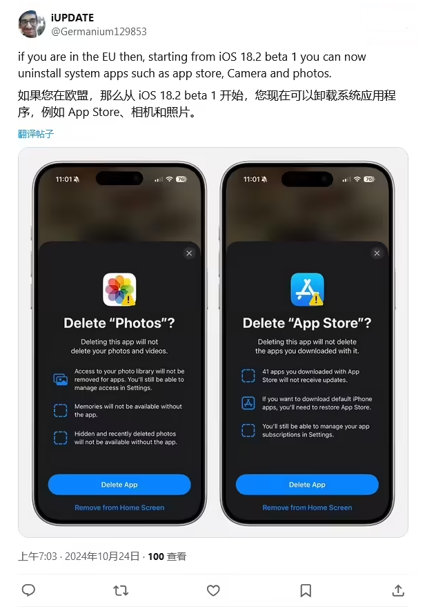 湖州苹果手机维修分享iOS 18.2 支持删除 App Store 应用商店 