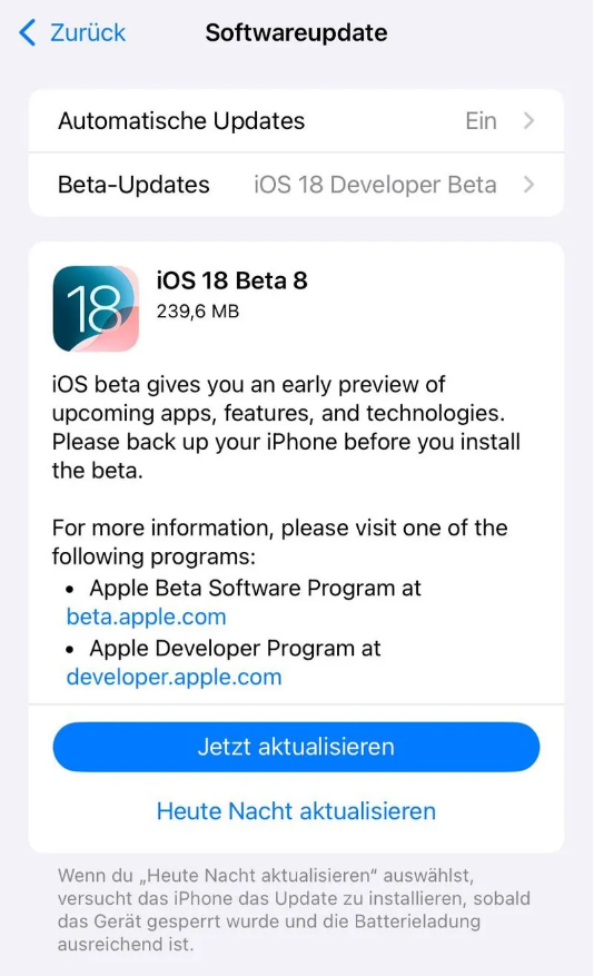 湖州苹果手机维修分享苹果 iOS / iPadOS 18 开发者预览版 Beta 8 发布 